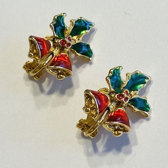 Christmas Clip On Earrings Holly & Bells Festive Holiday Goldtone Green & Red - Picture 6 of 6